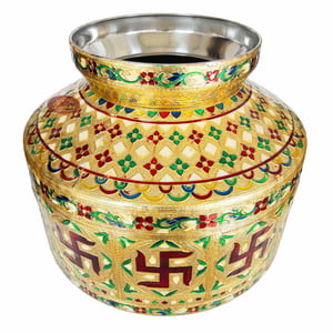 Swastik Designed, Meenakari Decorated, Stainless Steel Pot Set - 2 Pots With Top Lid G.M. -